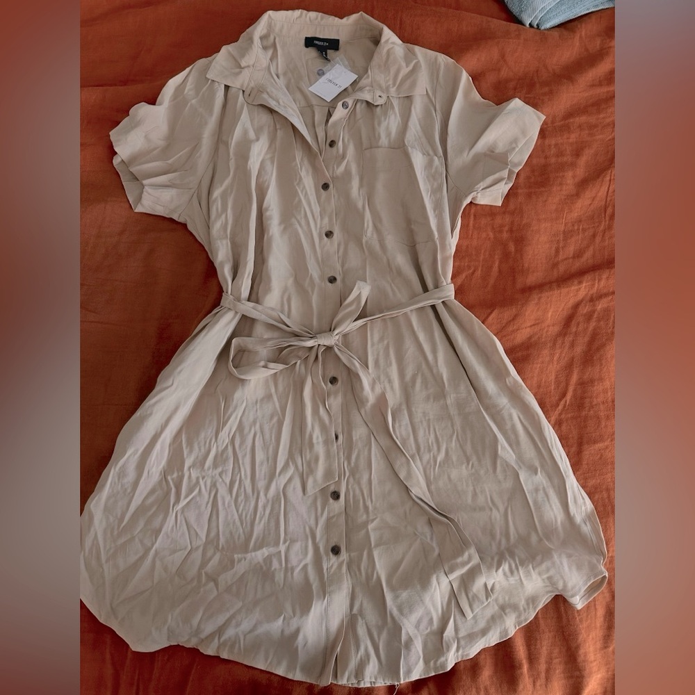 NWT Forever 21 Khaki Buttoned Tie Front Mini Dress 3X